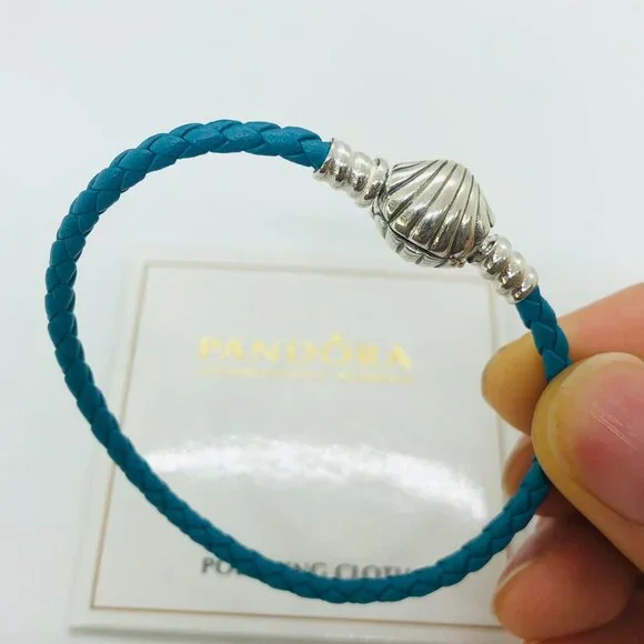 🌞📖Pandora Moments Seashell Clasp Turquoise Braided Leather Bracelet - Picture 3 of 5
